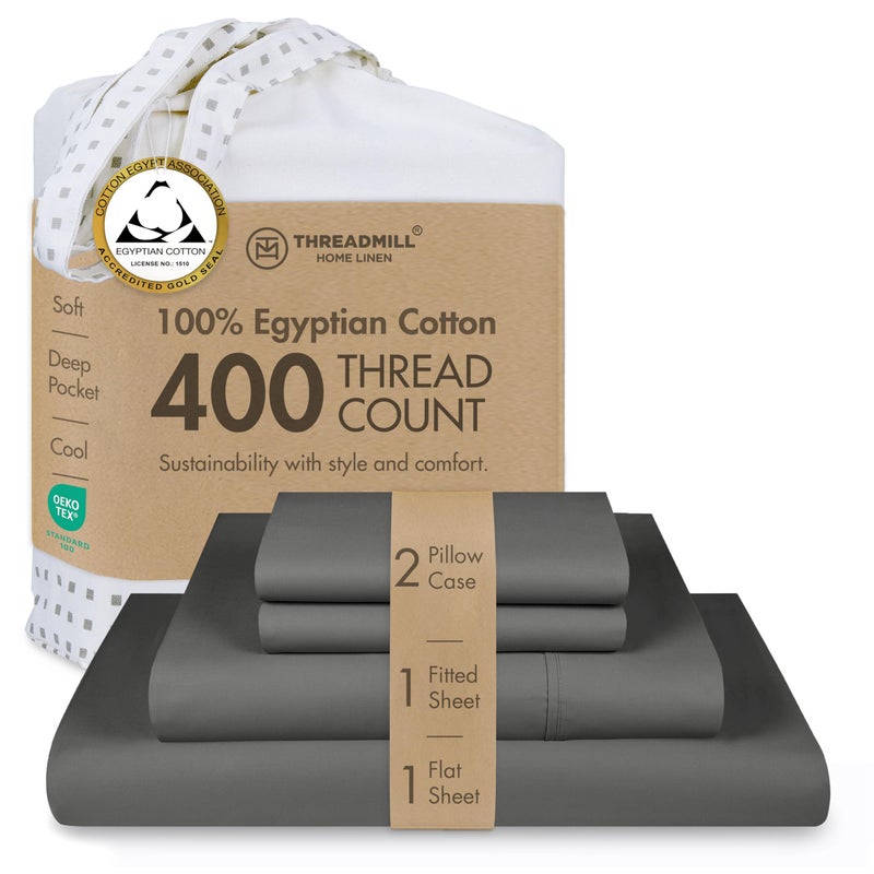 Threadmill Egyptian Cotton Full Size Sheet Set | 100% Certified Egyptian Cotton Full Bed Sheets with 4-Piece Cooling Bedding Set | Deep Pocket, Soft Sateen, Dark Grey - Image 1